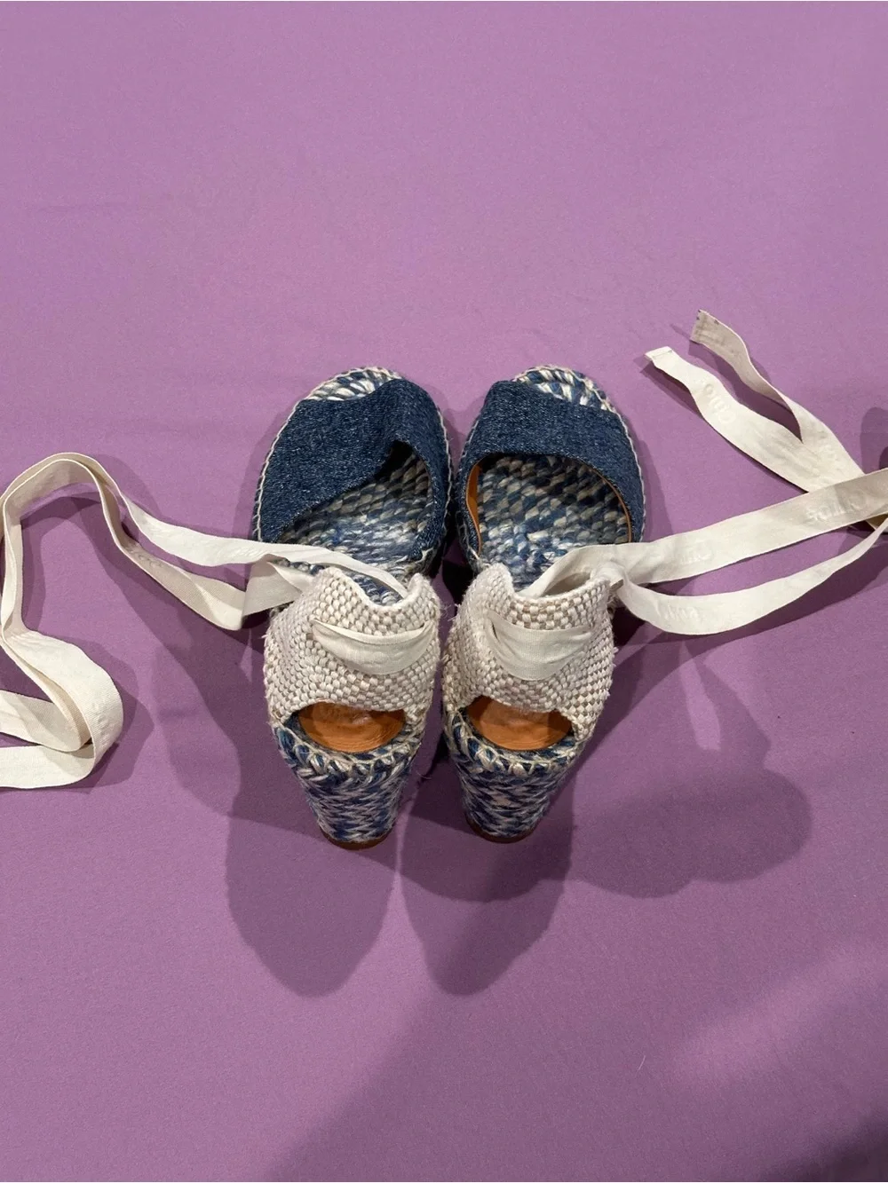 Chloe Blue Denim Espadrille Wedges with Cream Ankle Ties